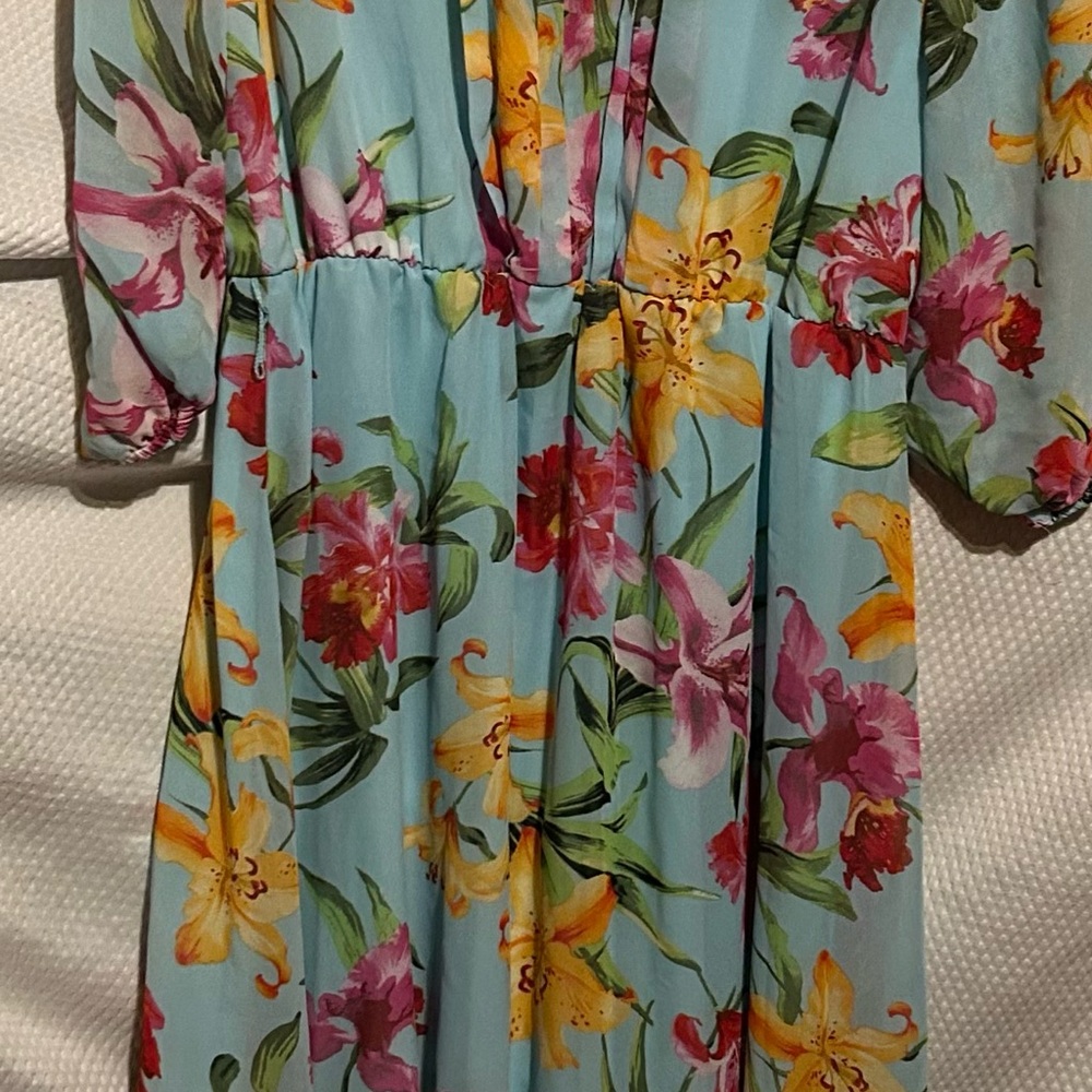 Robert Louis Floral Woman’s Dress in Blue with Pink and Yellow